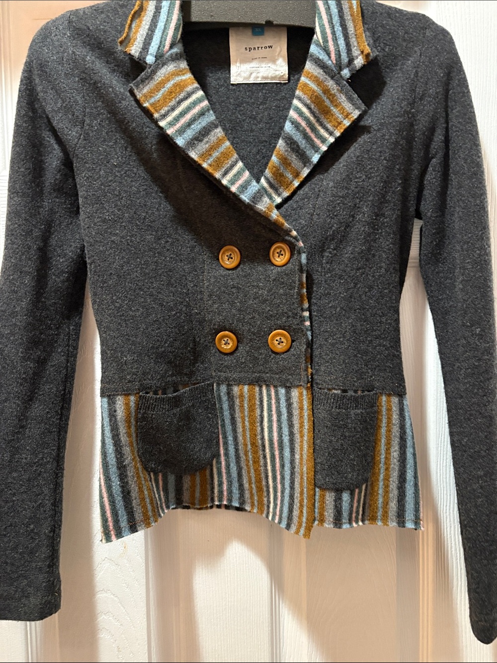 sparrow Charcoal Double-Breasted Blazer with Striped Trim